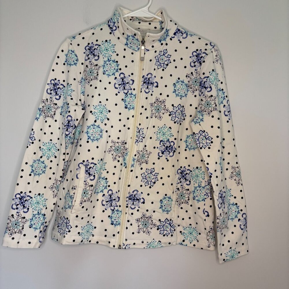 TALBOTS Petite Small Full Zip Stretch Sweatshirt Mock Neck Ivory Navy Teal
